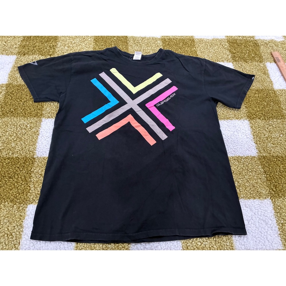 Quiksilver Mens XL Black Neon Geometric Graphic T-Shirt Short Sleeve Cotton